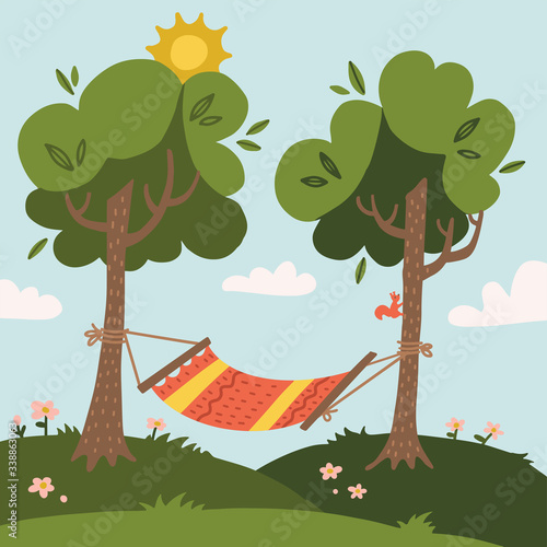 Summer hammock with trees in forest or garden, grass, sun and clouds. Flat vector illustration