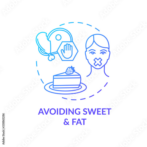 Avoiding sweet and fat blue concept icon. Stop unhealthy eating. No cholesterol. Diabetes precaution. Healthy diet idea thin line illustration. Vector isolated outline RGB color drawing
