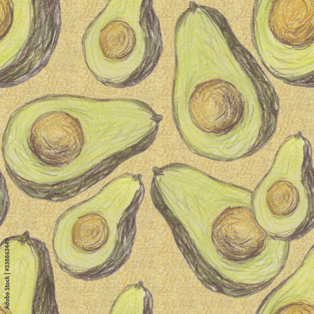 Obraz premium Hand drawn crayon seamless pattern with green avocados on light brown background with colored pencil strokes,ideal for kitchen designs, fabric prints, food wallpaper, wrapping paper about healthy diet