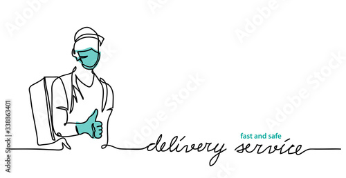 Delivery service, courier wearing face mask and gloves. Thumb up and backpack. Vector simple illustration. Promotion web banner, background. Delivery service lettering, fast and safe text.