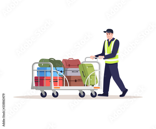 Airport staff semi flat RGB color vector illustration. Man carry laggage on trolley. Aircraft service to ship baggage. Station delivery worker isolated cartoon character on white background