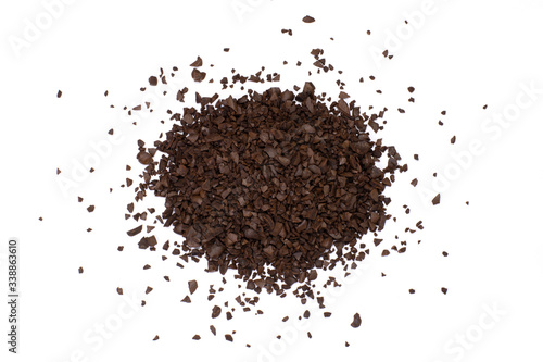 Pile of instant granulated coffee powder isolated on white background. Top view. Flat lay.