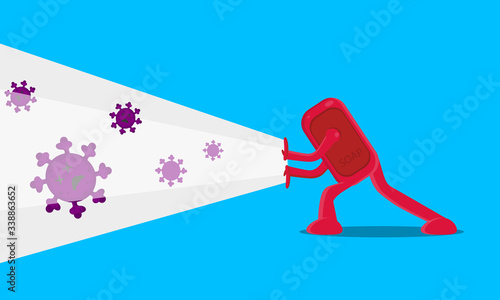 vector illustration of character of antiseptic soap solid destroying against viruses, germs and bacteria.