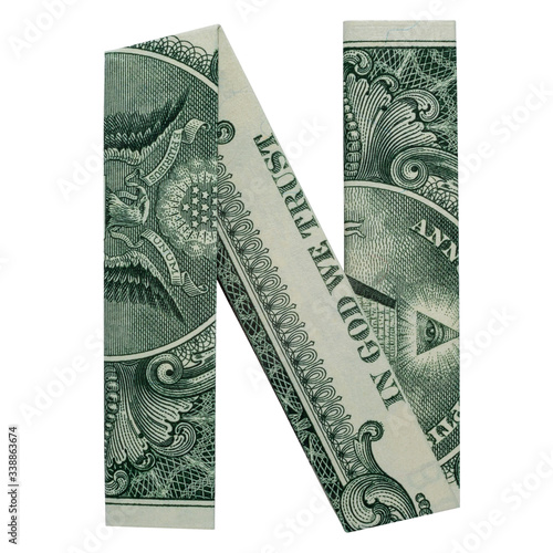 Money Origami LETTER N Character Folded with Real One Dollar Bill Isolated on White Background