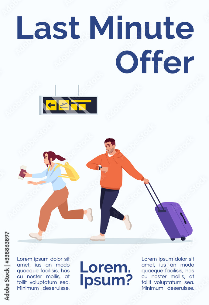 Last minute offer poster template. Passengers in hurry. Travelers rush to plane. Commercial flyer design with semi flat illustration. Vector cartoon promo card. Airline services advertising invitation