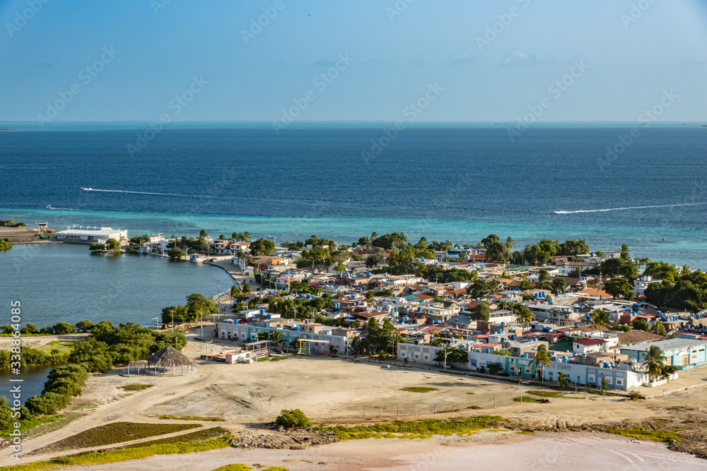 Panoramic high view of Los Roques town. Los Roques National Park, Venezuela. View from lighthouse.