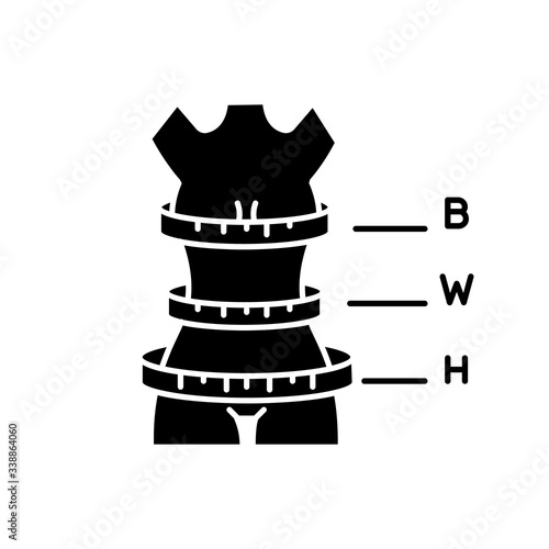 Woman body proportions black glyph icon. Female measurements, bespoke clothing size specification silhouette symbol on white space. Bust, waist and hips circumferences. Vector isolated illustration