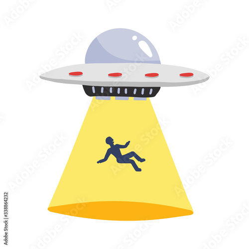 UFO abducts human. Spaceship UFO ray of light with man silhouette . Vector illustration in flat style