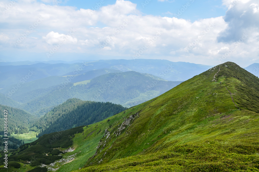 Beautiful green mountain valley. Scenic grassy mountains. Summer day in mountains.  Green hills and clouds on blue sky. Place for active recreation and hiking Marmarosy ridge. Ukraine