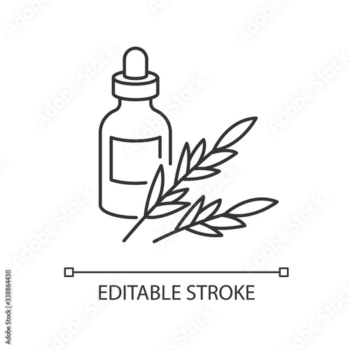 Rosemary oil pixel perfect linear icon. Herbal essence for aromatherapy. Organic plant ingredient. Thin line customizable illustration. Contour symbol. Vector isolated outline drawing. Editable stroke