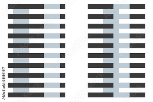 White's or Munker's illusion is a brightness illusion where certain stripes of a black and white grating is partially replaced by a gray rectangle. Both of the gray bars are the same color.
