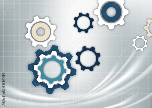 Bright abstract gears on a gray background with a technical grid, light spot effects. Modern corporate cover design, flyer, banner, brochure, wallpaper. Vector
