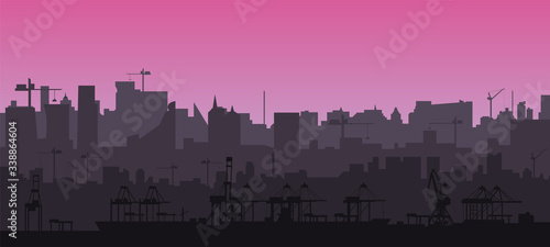 City skyline silhouette in a flat style at pink sunset. Modern cityscape and cargo port with cranes. Layers for parallax.  Vector EPS10.