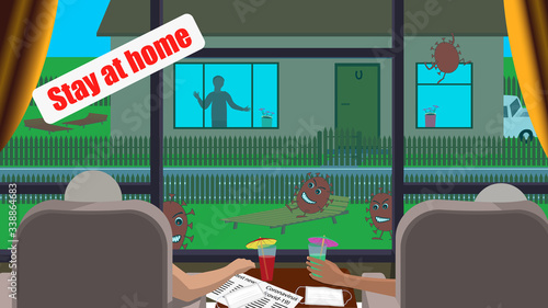 Stay at home in quarantine and self-isolation from coronavirus covid-19. There is a virus on the street. People in chairs drink a cocktail. On the table are medical masks. Horizontal vector EPS10.