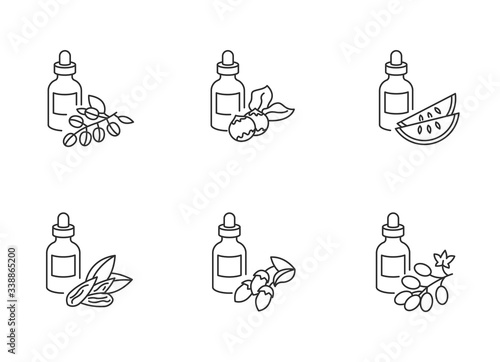 Hair oils pixel perfect linear icons set. Avocado beauty product. Kalahari melon essence in glass jar. Customizable thin line contour symbols. Isolated vector outline illustrations. Editable stroke