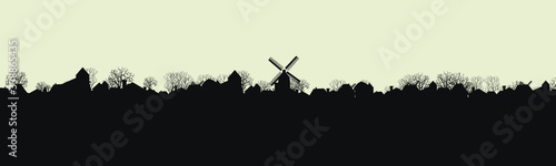 Silhouette of the village and the mill. Panorama. Vector