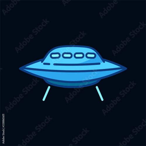 Blue flying Ufo icon isolated on black background. Alien space ship. Futuristic unknown flying object. Spaceship vector illustration. World UFO day design. Flat style.