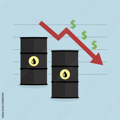 Oil price downtrend. Oil barrels and price decrease. Flat oil crisis illustration.