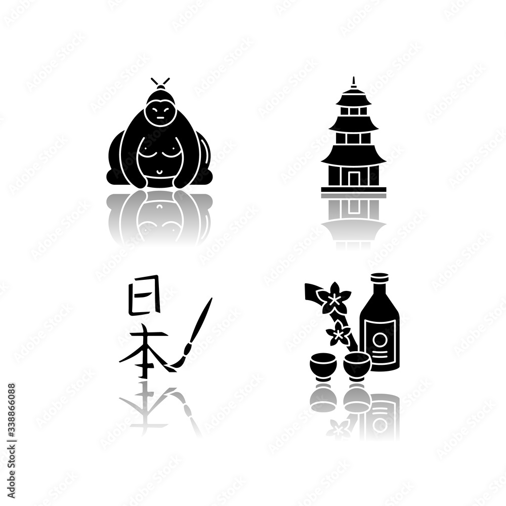 Japan drop shadow black glyph icons set. Sumo fighter. Shintoism temple. Asian calligraphy. Sake, alcohol drink. Traditional japanese attributes. Isolated vector illustrations on white space
