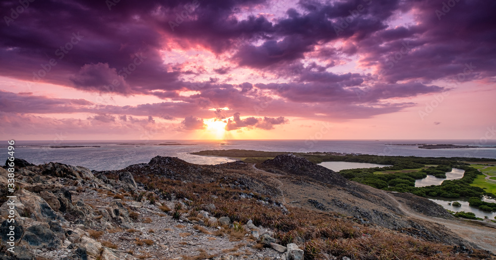 Beautiful and colorful sunset at  Los Roques  National Park. View from lighthouse. 