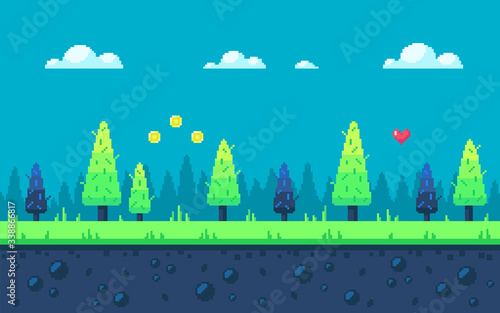 Cute meadow area with fir-trees and clouds.