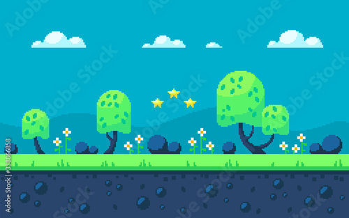 Cute meadow area with forest and clouds.