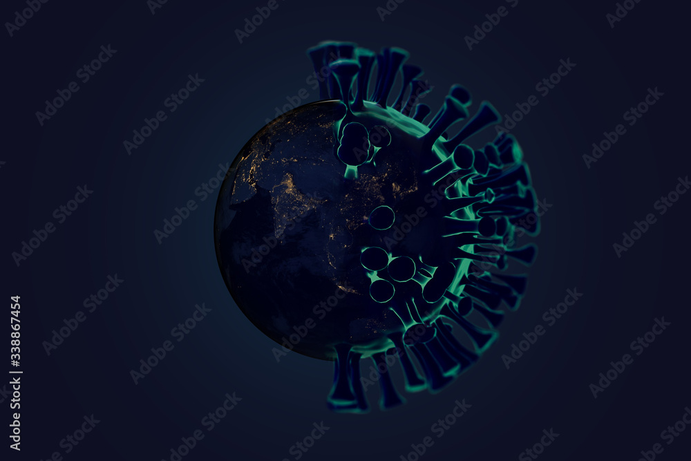 3D-Illustration of the planet earth globe, attacked by the Coronavirus COVID-19