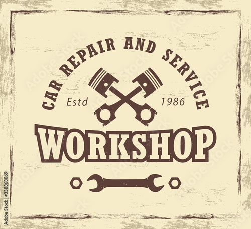 Color illustration of crossed piston, wrench and text on background with texture. Color illustration advertising a car repair shop in vintage style. Auto repair shop logo.