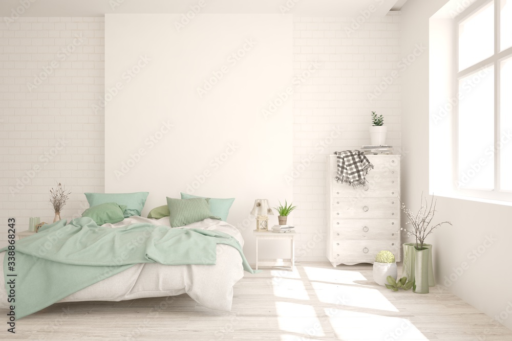 Obraz premium White bedroom interior. Scandinavian design. 3D illustration