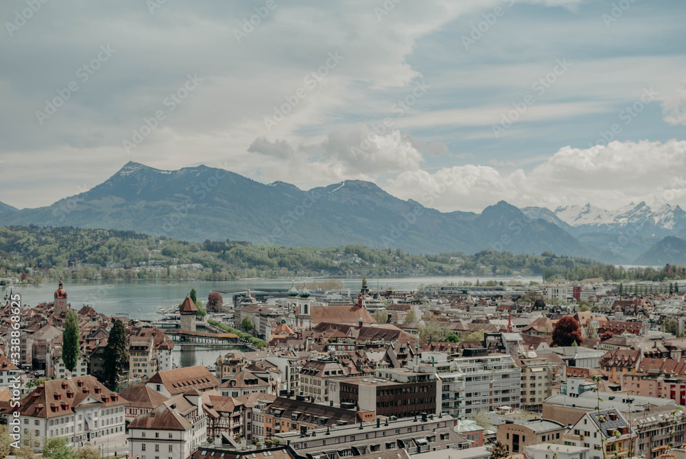 Panorama of old town of Luzern and the lake Lucerne in Switzerland, Europe with Alps mountains skyline.