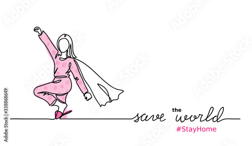 Superwoman in cape and pajamas. Save the world from covid virus concept. Stay at home simple vector web banner, background. One continuous line drawing of superwoman.