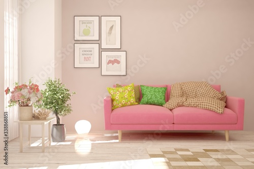 White living room with sofa. Scandinavian interior design. 3D illustration © AntonSh