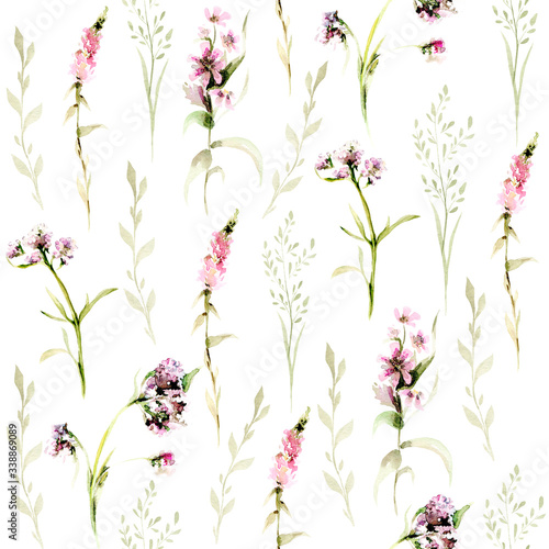 Hand drawing watercolor spring Pattern of wild flowers, leaves and branches. illustration isolated on white. Perfect for summer wedding invitation and card making