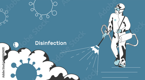 Man in hazmat.Protective suit, gas mask and gas disinfection coronavirus.Toxic and chemicals protection.Spraying pesticides. Biological precaution.Vector illustration flat design.Covid-19.Virus