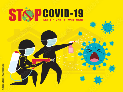 Stick figure man in medical face mask  spray cleaning & disinfecting coronavirus, Covid-19. Prevention controlling epidemic of coronavirus vector illustration. Disinfection services concept poster.