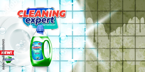 Laundry detergent banner. Bottle filled by detergent with clean plates on combined dirty and clean background show cleaning power. Ready for branding, ads design and product promotion.