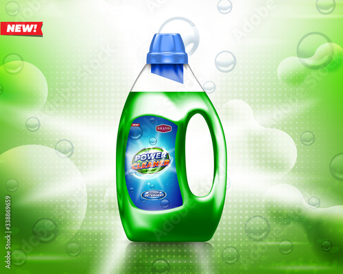 Laundry detergent bottle on shiny green background. Best for production, packaging and advertising design uses.