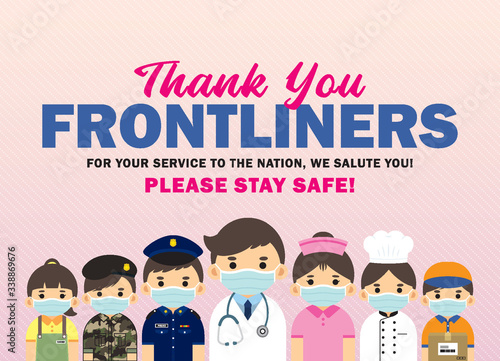 Thank you Frontliners who work for nation during coronavirus (covid-19) outbreak season. Cartoon doctor, nurse, police, military personnel, food servers, couriers & essential retailer flat design.