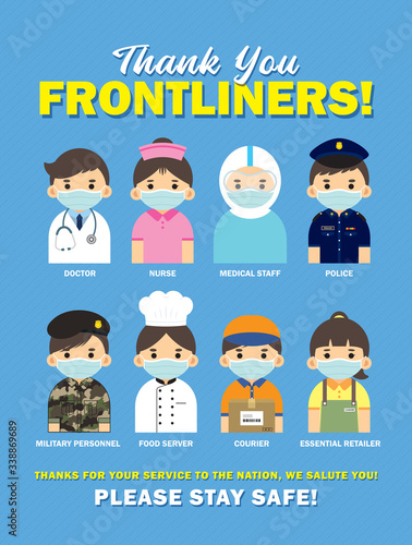 Thank you Frontliners who work for nation during coronavirus (covid-19) outbreak season. Cartoon doctor, nurse, medical staff, police, military personnel, food server, couriers & essential retailer.