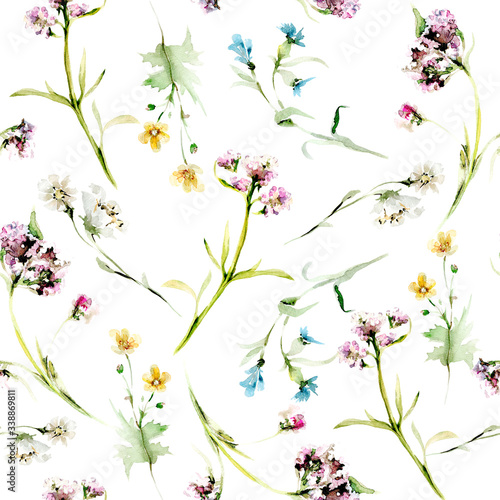 Hand drawing watercolor summer pattern with wild flowers, leaves and branches. illustration isolated on white. Perfect for summer wedding invitation and card making © 60seconds