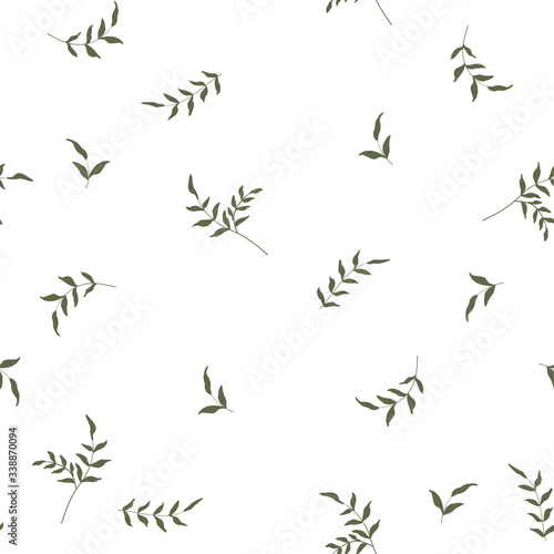 Hand drawn elements brances in natural seamless pattern. Art decorative organic botany environment concept. Fresh garden vector illustration. Abstract green leave or foliage on white background.