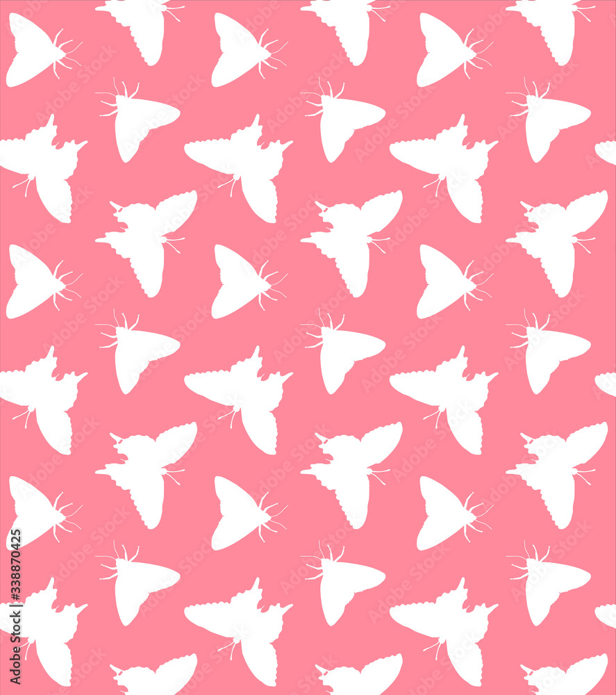 Vector seamless pattern of white sketch butterfly and moth silhouette isolated on pink background Vector seamless pattern of white sketch butterfly and moth silhouette isolated on pink background