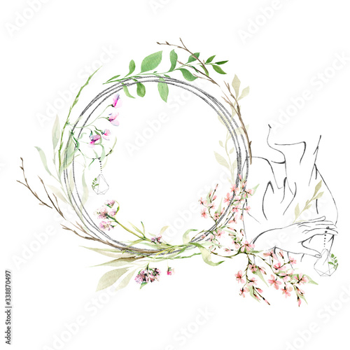 Watercolor floral geometric frame with  green leaves and branches with contour lines and slim naked woman. Perfect for wedding invitation and card making