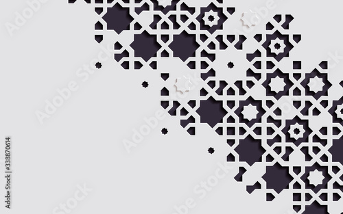 Islamic arabesque design greeting card for Ramadan Kareem, Arabic ornamental black and white detail of mosaic