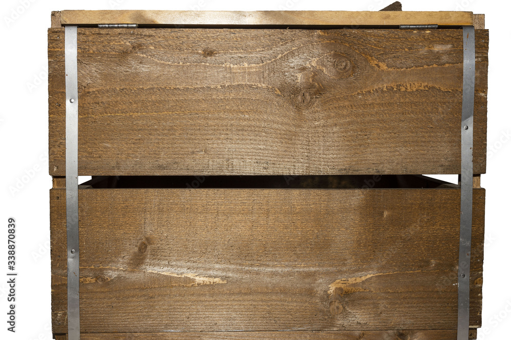Close up view of front of wooden box isolated on white background. Alcohol background. Close up view of front of wooden box isolated on white background. Alcohol background.