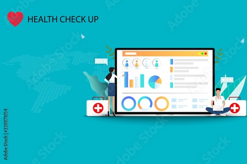 Concept of medical health check up, two doctors are working on a big screen of laptop to plan the medical health check up to treat the patients in green color background.