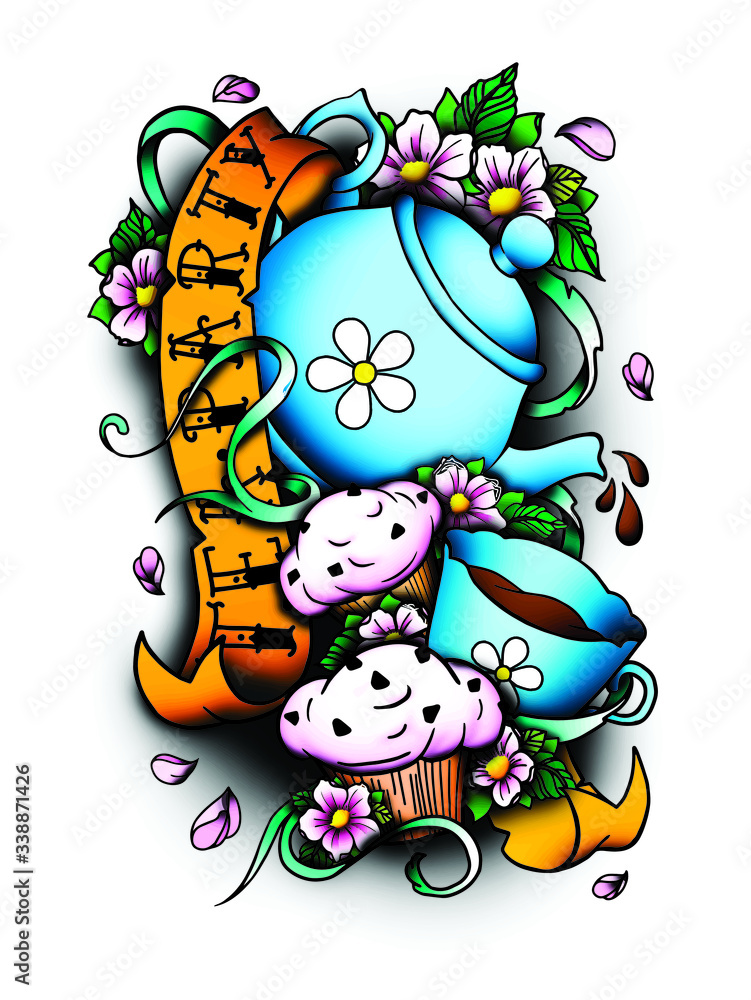 Naklejka premium Tea party old school tattoo