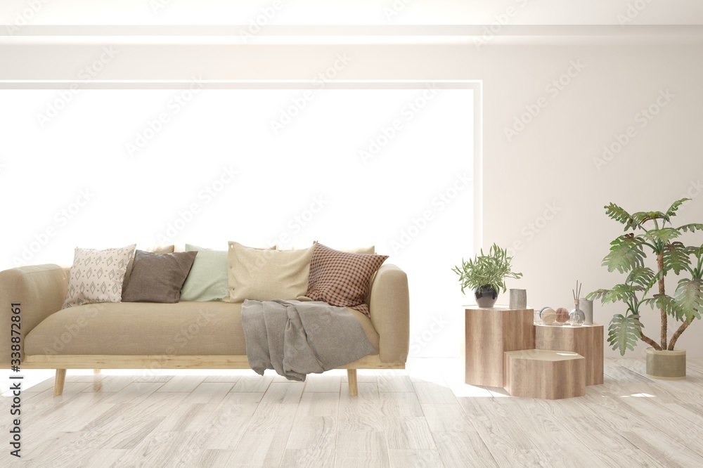 Fototapeta premium White living room with sofa. Scandinavian interior design. 3D illustration