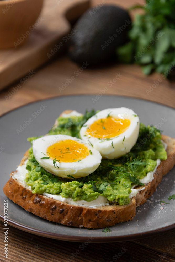 Avocado healthy toast with boiled egg. Square wholegrain bread toast.