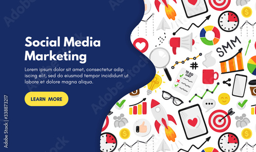 Vector background with smm elements. Social Media Marketing. Reach and promotion among target audience. Landing page, banner, mailing, presentation, header. Advertising for marketers, digital agency